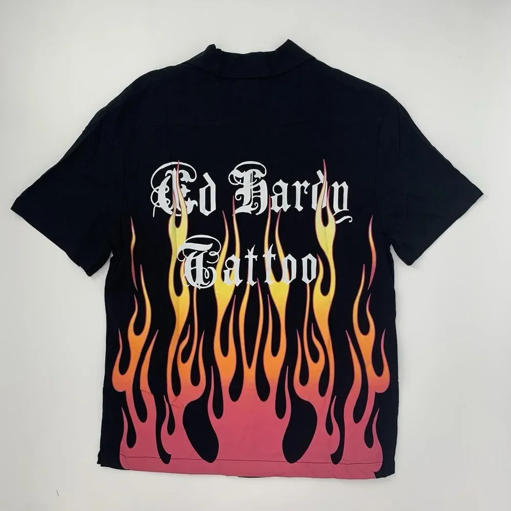 Ed Hardy NWT Tattoo Black Fire Heart Short Sleeve Button Up Men's Shirt Size Sm‎